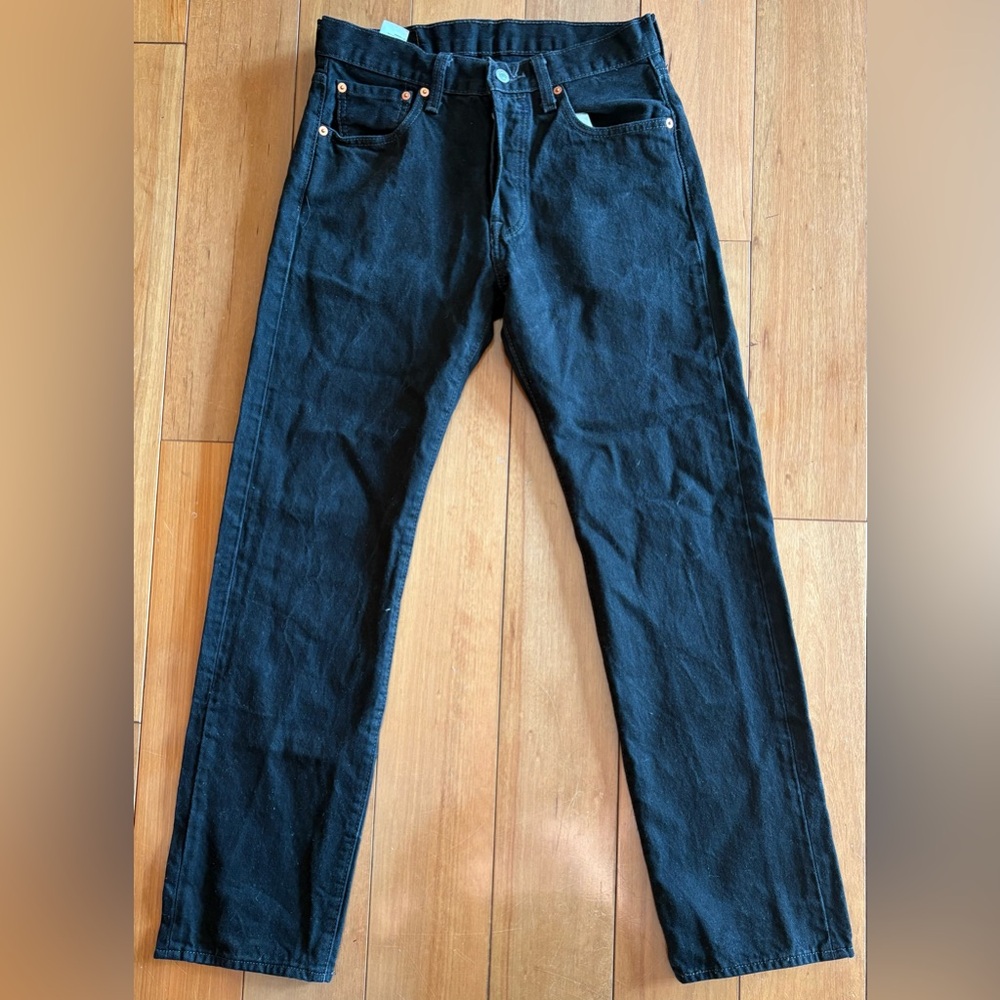 Levi Black Denim Jeans 30W 32L Button Fly Straight Leg 100% Cotton
